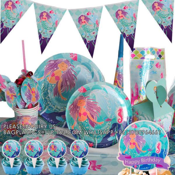Party Supplies Set Mermaid Series Tableware Banner Mask Decoration Cake Topper