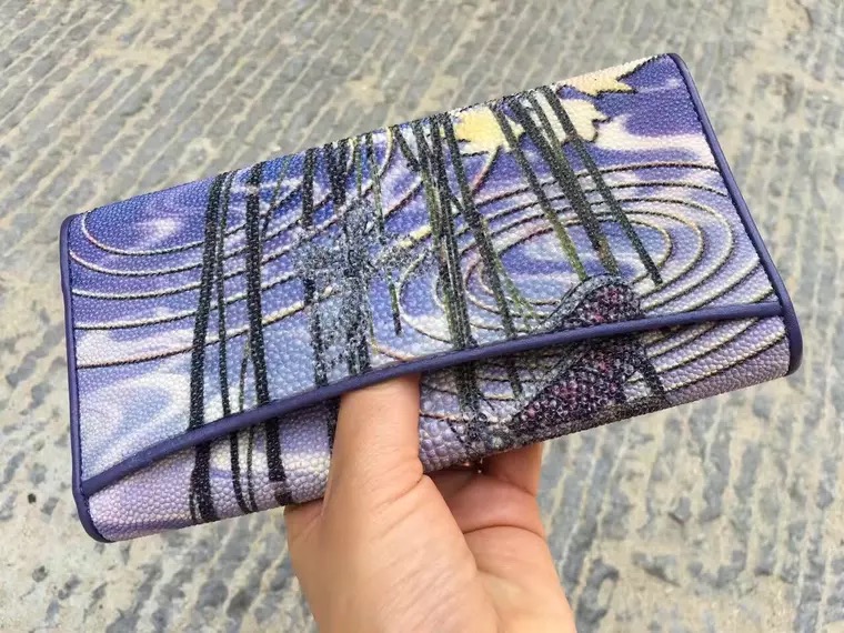 Authentic Stingray Skin Female Long Flower Trifold Wallet Genuine Leather Lady Large Clutch Bag Women Floral Coin Purse
