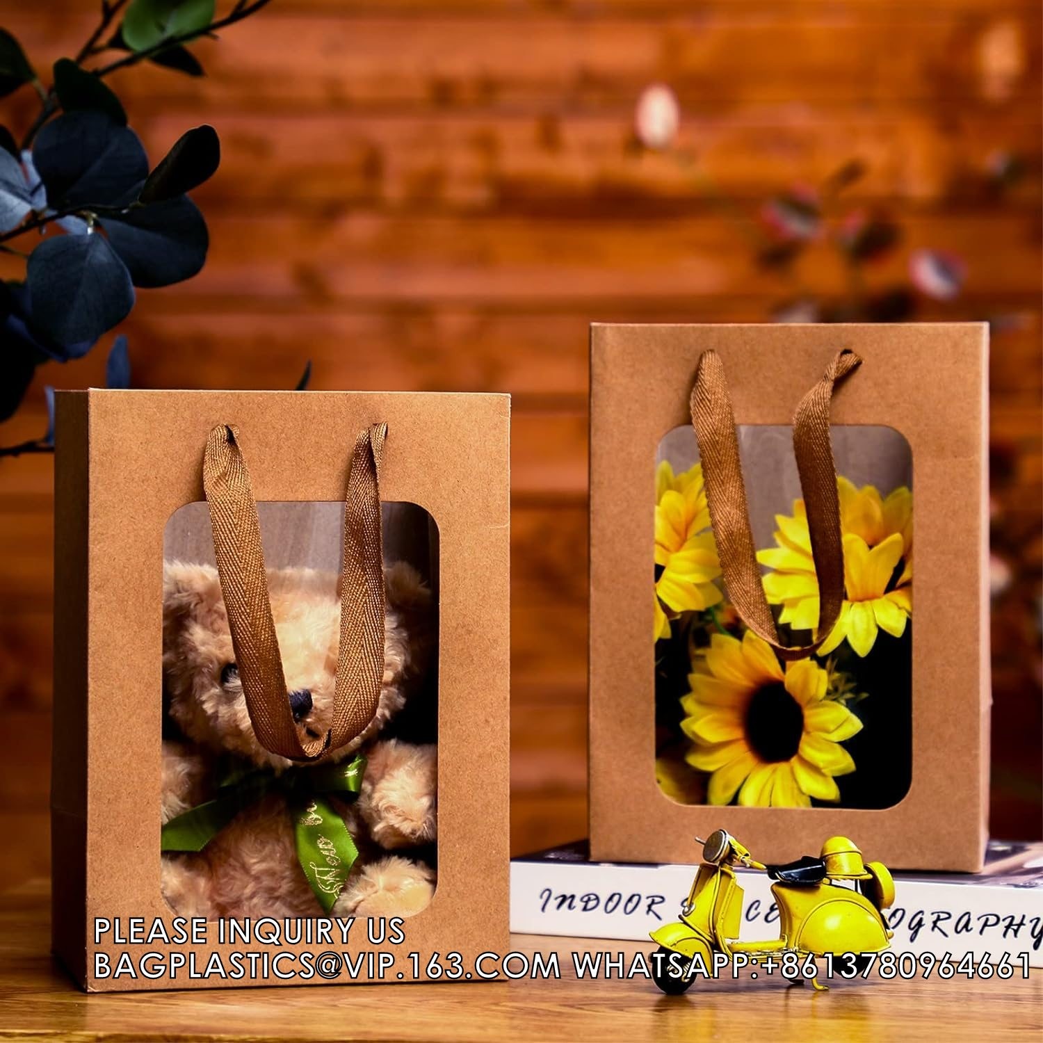 Paper Gift Bags With Clear Window Flower Bouquet Bags for Present Bridal Shower Festivals Party (White)
