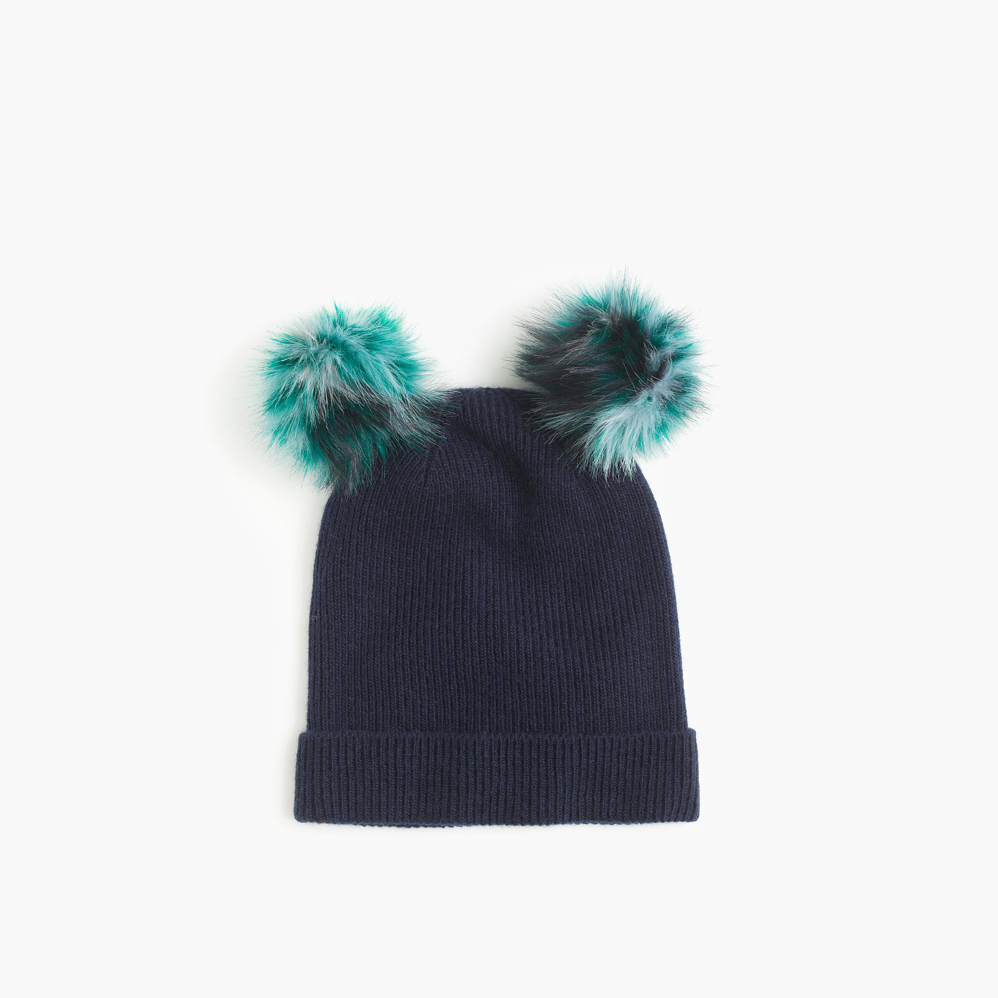Knitted Double Pom Pom Beanie , Easy To Pair Clothes Ribbed Girls Pom Pom Hat