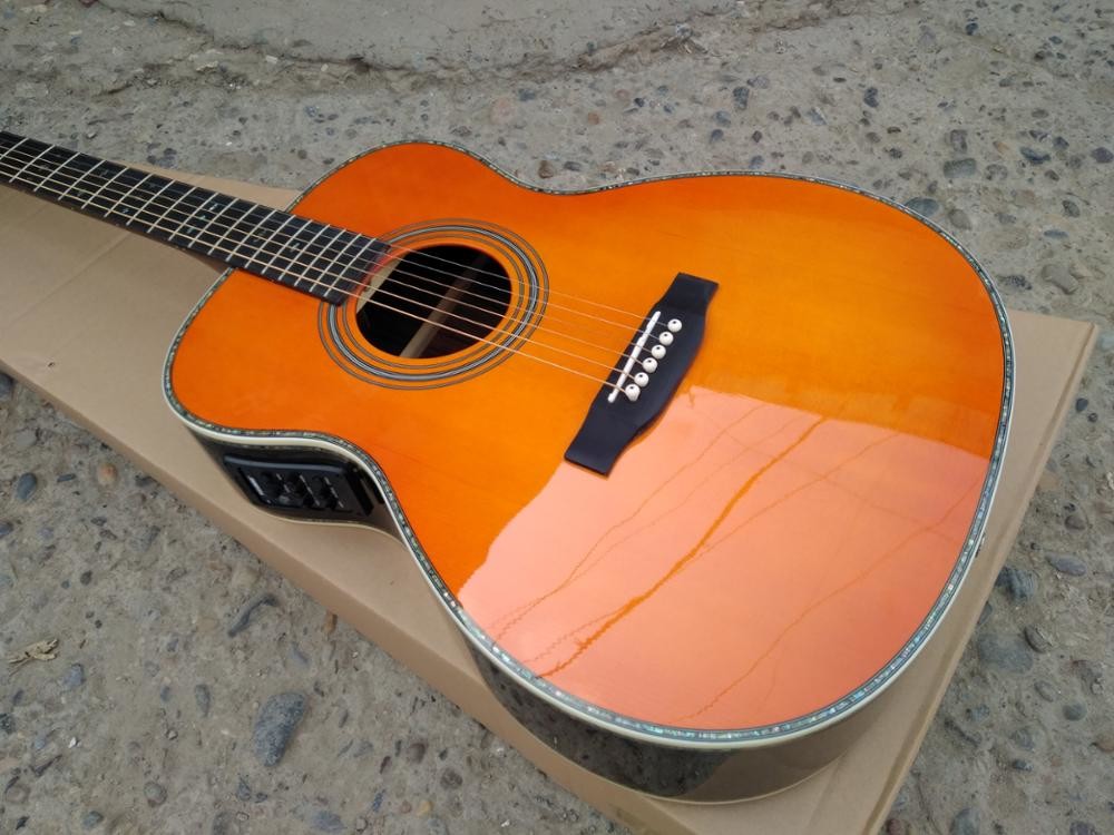 Orange color 28 Style classic acoustic guitar,Solid Spruce top,Abalone inlays Ebony Fretboard OM body acoustic Guitar