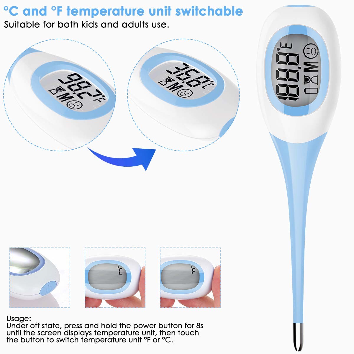 LCD Display digital fever thermometer with flexible tip and 8 seconds