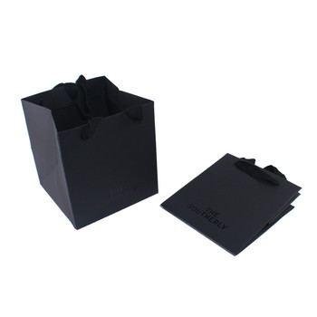 Custom Black Paper Shopping Bags With Ribbon Handles Stylish Product Packaging Box Design