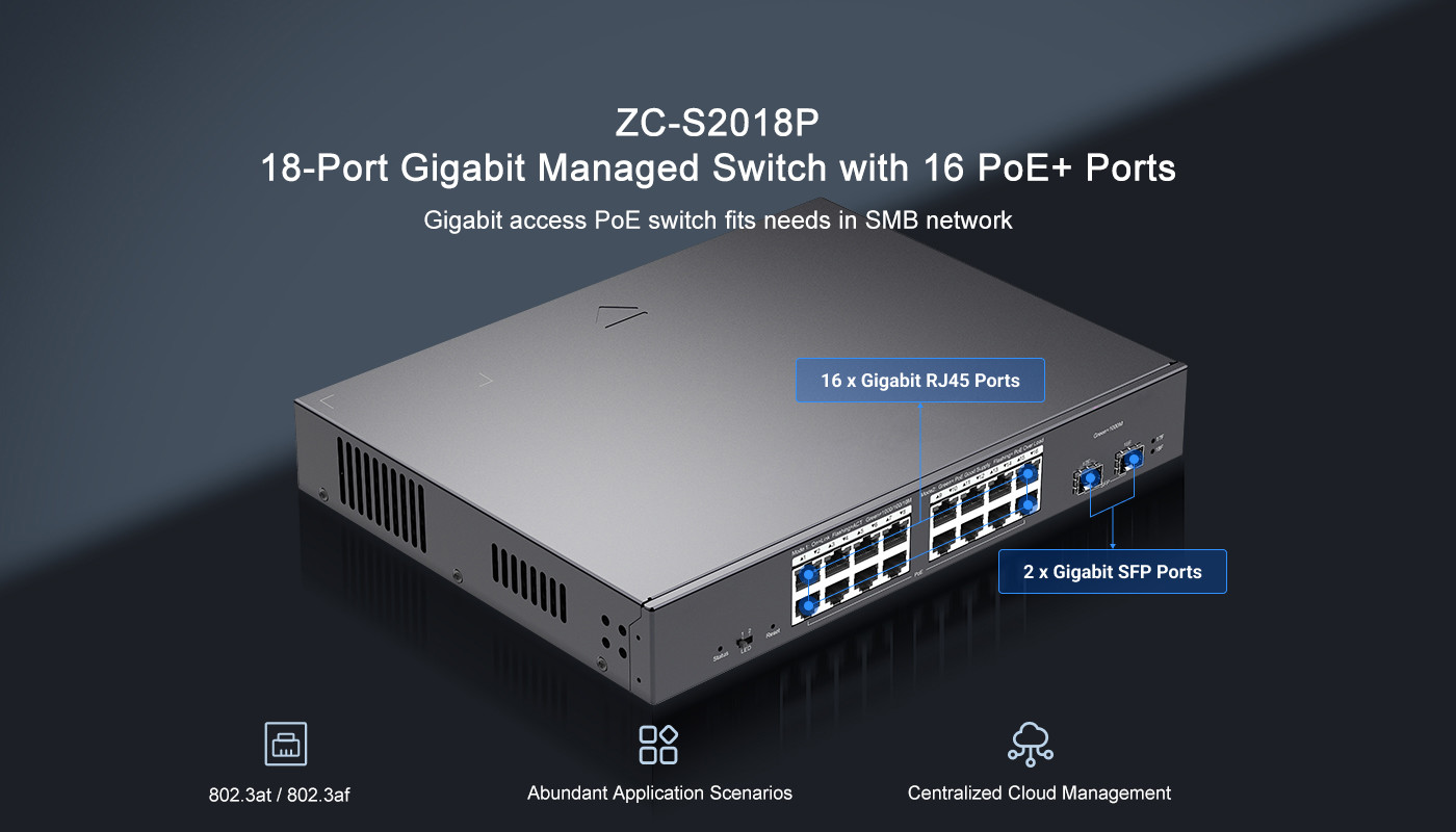 ZC-2018P 18 Port Gigabit Switch Cloud Managed With 16 PoE+ Ports