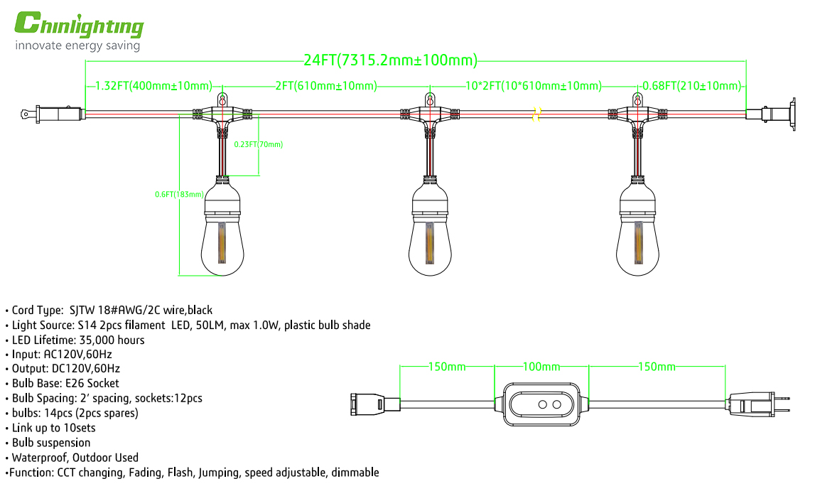 Warm White/Nature White Waterproof Outdoor S14 Edison Bulbs String Lights Connectable Remote Control Shatterproof Festoon Lights