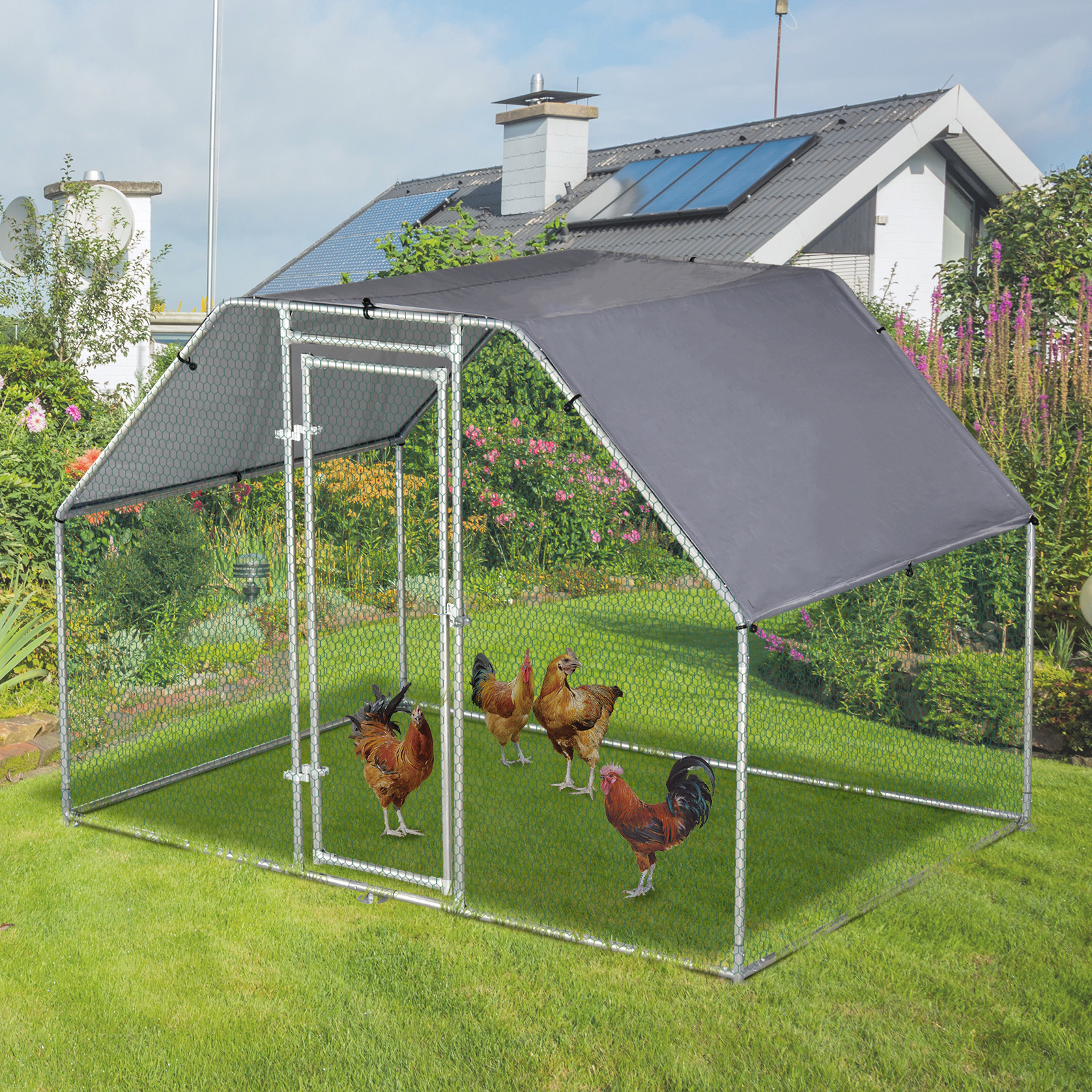 6.67' Chicken Coop Galvanized Metal Hen House Large Rabbit Hutch Poultry Cage Backyard with Cover Walk in Chicken Cage