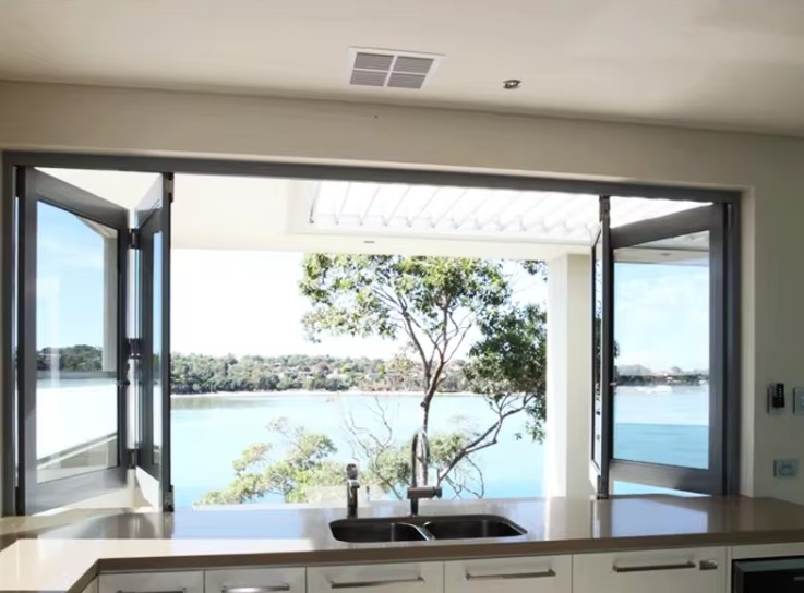 Balcony Folding Bifold Windows 3 Panel Tempered Glass Aluminium Profile Powder Coated