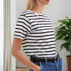  Unisex Striped Short Sleeve Round Neck T-Shirt Woven Technique Plain Dyed Women