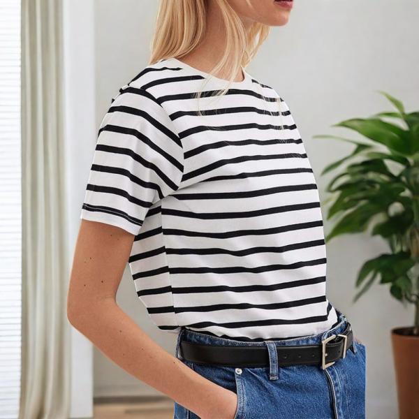 Unisex Striped Short Sleeve Round Neck T-Shirt Woven Technique Plain Dyed Women