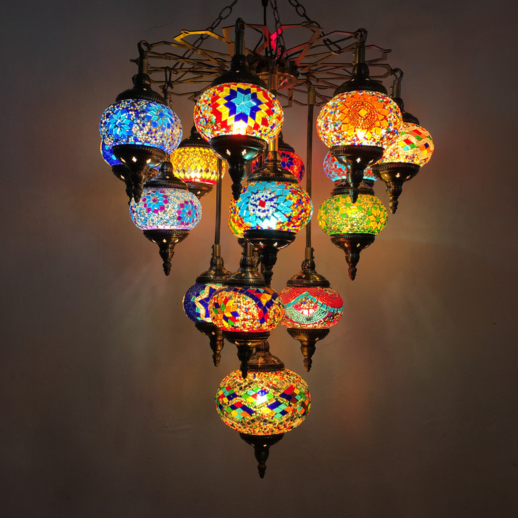 Country chandelier restaurant coffee shop Hotel duplex building retro handmade glass Turkish Chandelier(WH-DC-26)