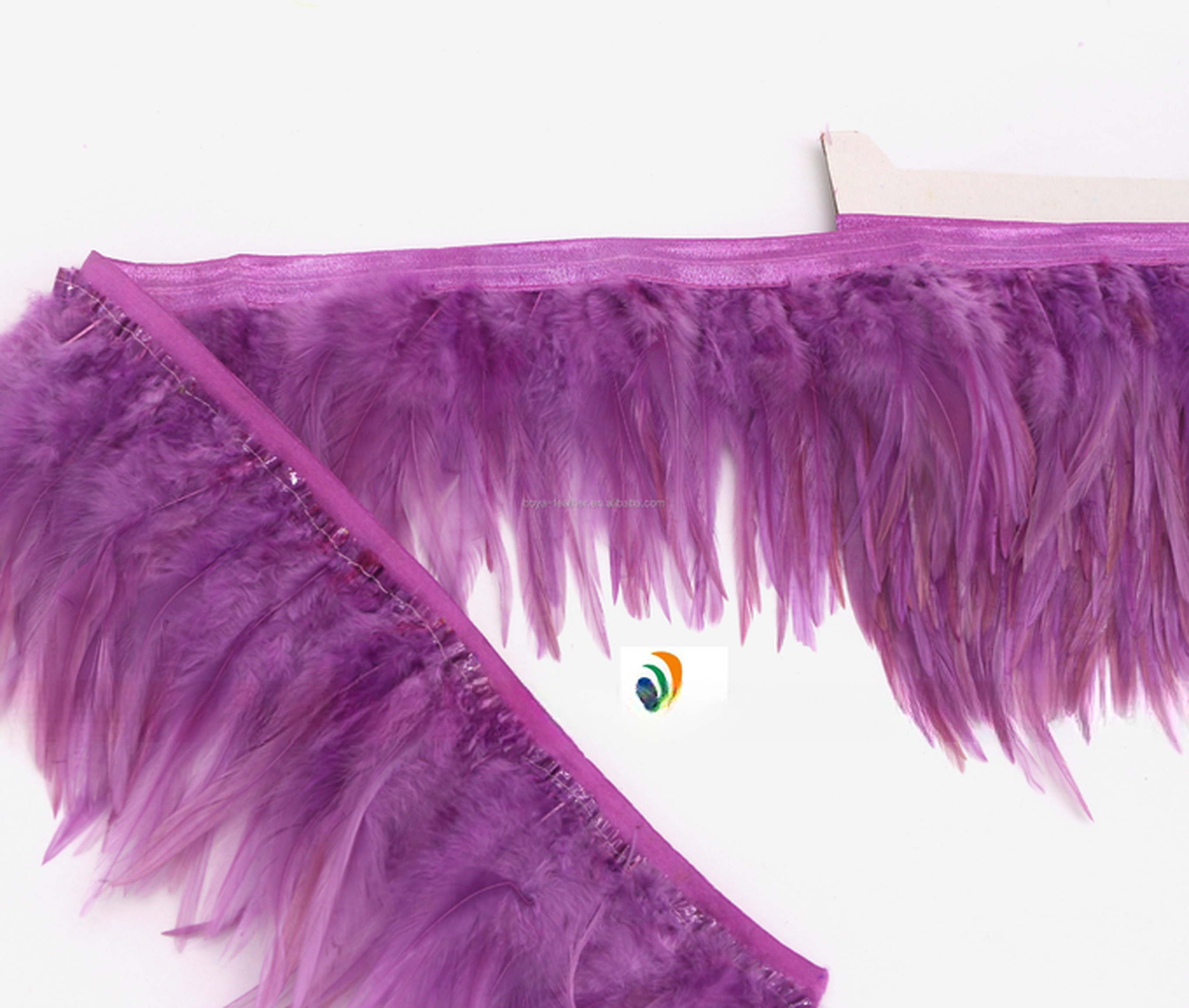 Stretch Saddle Hackle Feather Fringe Trimming with Satin Ribbon Tapes in Dyed Pattern