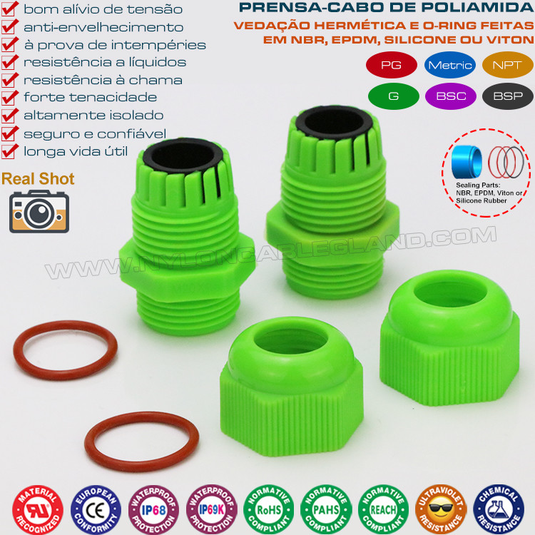 Electrical Cable Gland Green (Ral 6038), M20x1.5 (Ø 6-12mm), Nylon 6 (PA6), IP68 / IP69K 