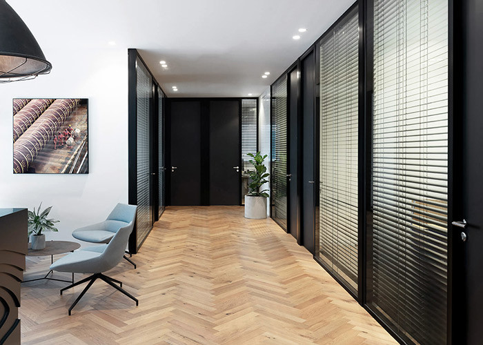 Electrically Double-glazed Louver Glass Partitions Wall Black Frame White Blinds Modular Wall