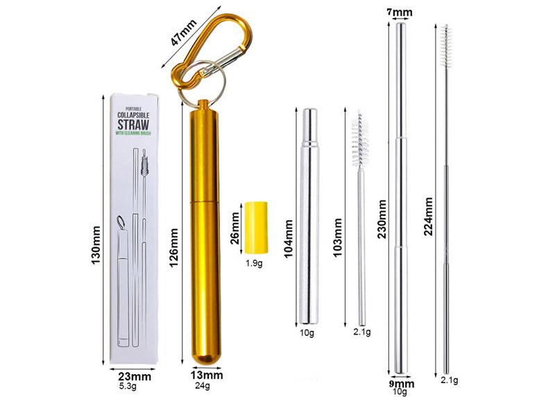 Restaurant Retractable Stainless Steel Straws With Aluminum Alloy Storage Tube