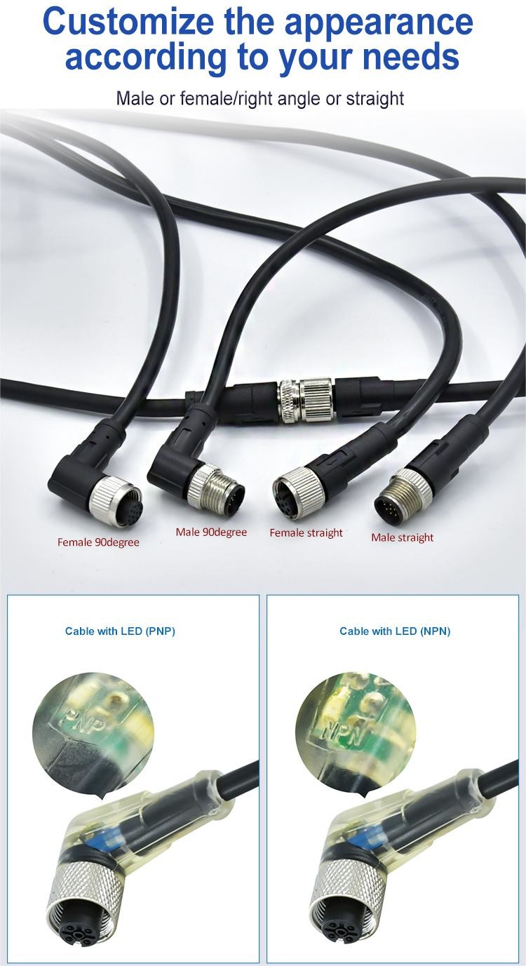 Electrical M8 3 Pin A Code Waterproof Connector Male Female Straight Angle Elbow Pvc Pur Power Cable