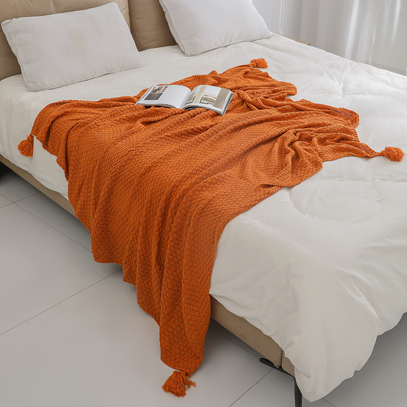 Knitted Wool Throw Blanket with Acrylic Tassel Simple Style Custom Solid Sofa Blanket