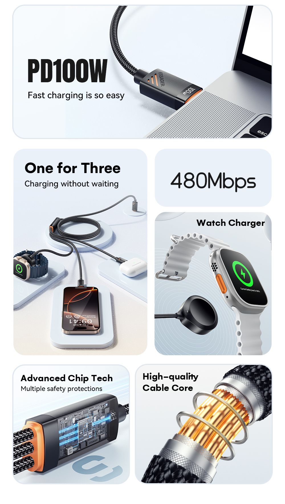 ESSAGER ES-X66 Series 100W USB C to USB C+L+Wireless Watch Charger 3 in 1 Cable