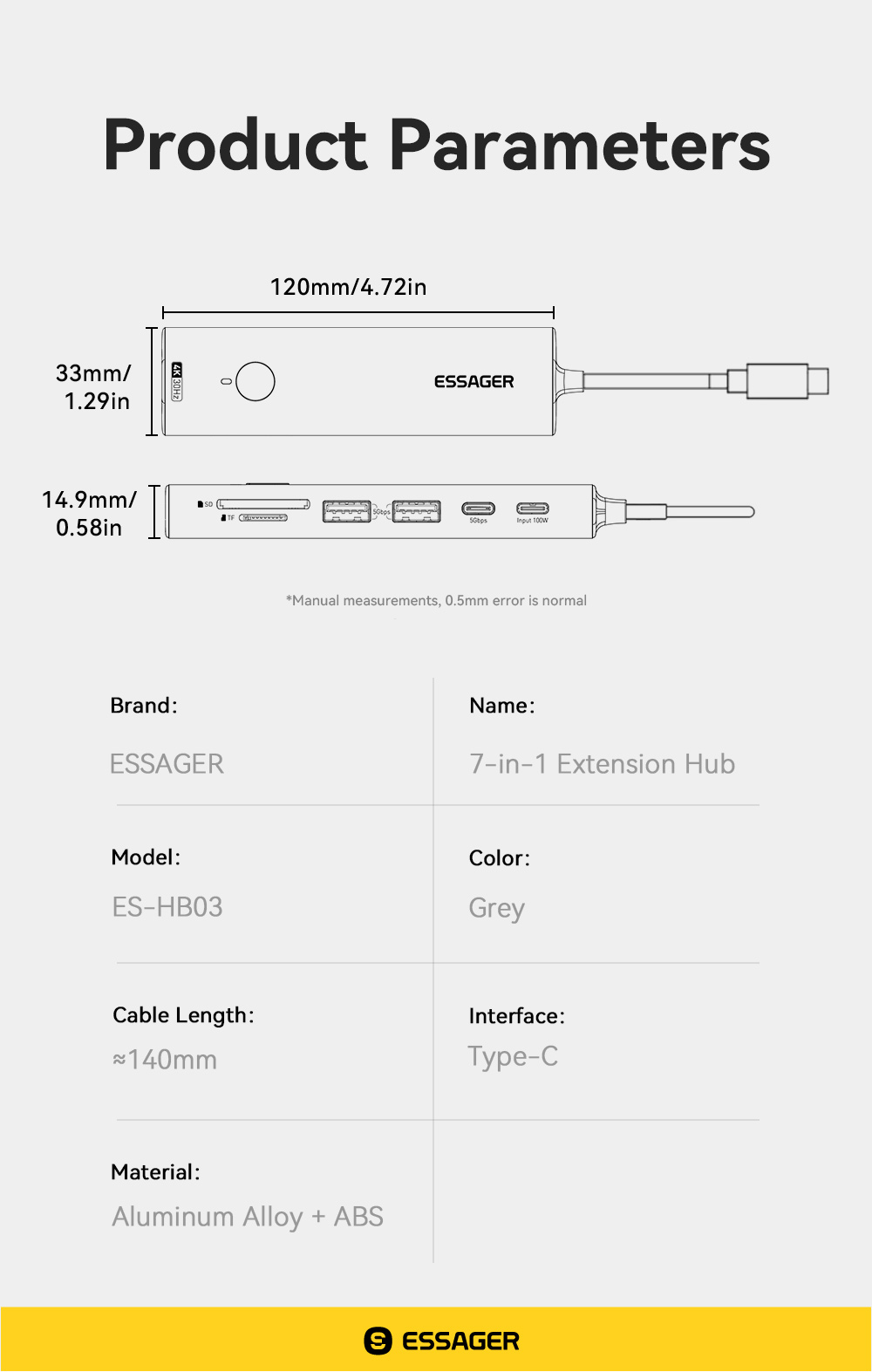 ESSAGER ES-HB03 Series 7 in 1 USB-C USB-A SD TF Port 3.0 Best USB Port Hub