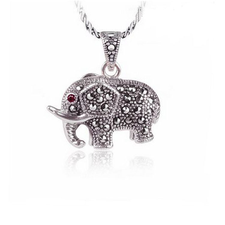 Thai 925 Silver Pave Marcasite Elephant Pendant Necklace (N11062)