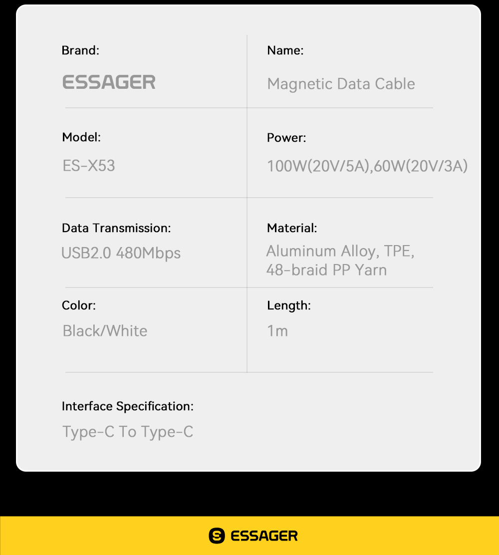 ESSAGER ES-X53 Series 100W USB C to USB C Magnetic Charging Cable