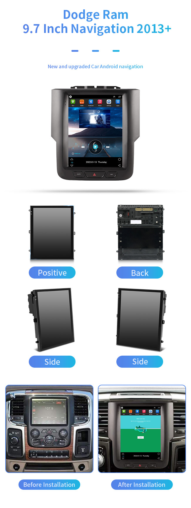 9.7inch Dodge Ram GPS Navigation System 4 Core Bluetooth Carplay
