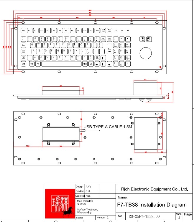 KIOSK IP65 / IK07 Industrial Metal Keyboard IP65 With 38mm Stainless Steel Trackball Rear Panel Mounted -40℃