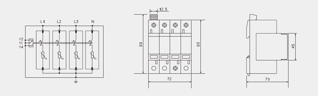 Pluggable Class 1 + 2 (B + C) Lightning Arrester Surge Protector SPD 10/350 12.5kA 4P