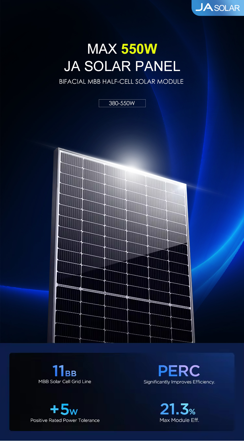 Top-rated N-type 440w 580w 630w JA Solar PV Panel with 3.2 Mm Anti-reflective Glass