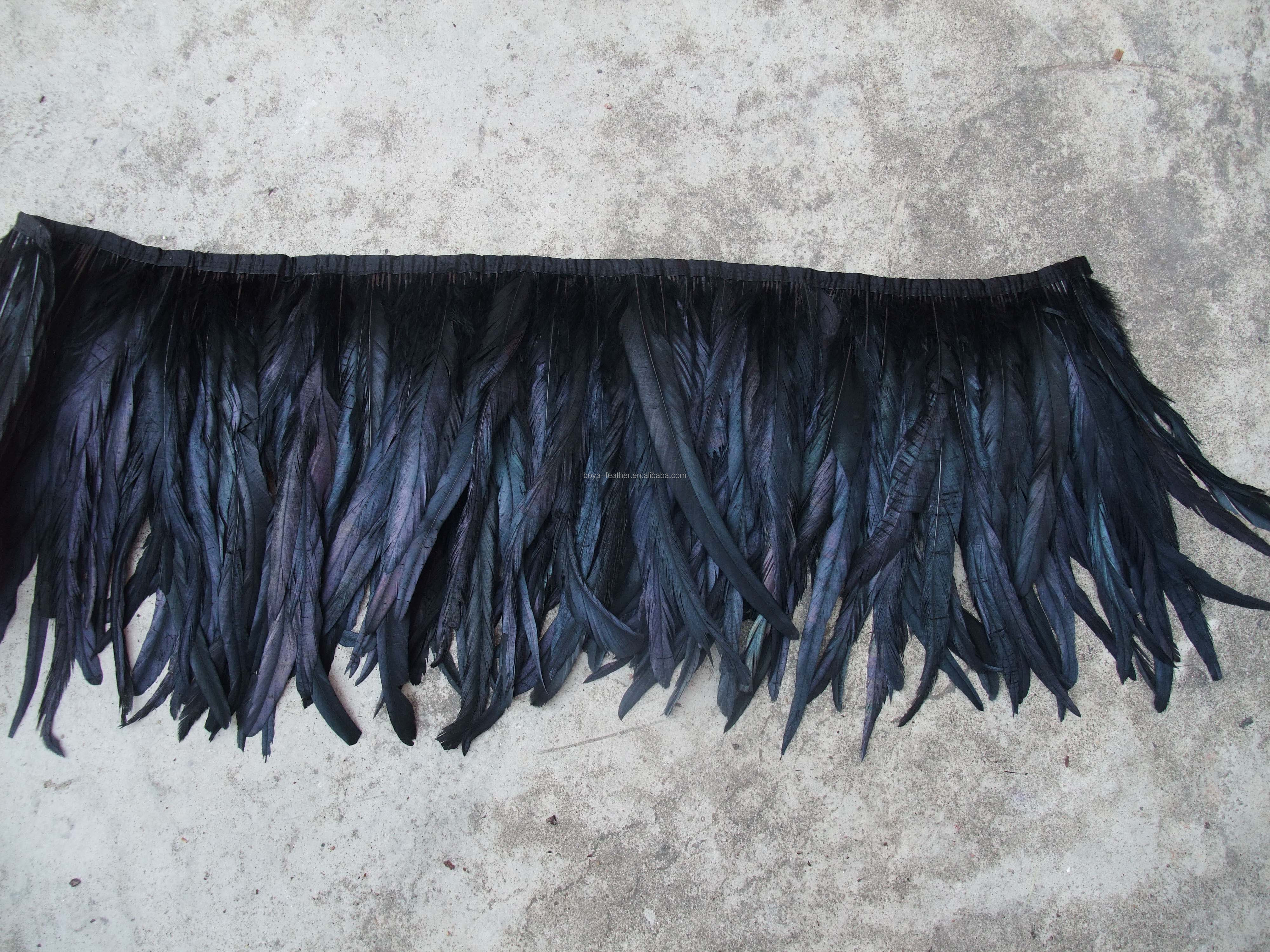 Black Rooster Cock Coque Feather Trim With Satin Ribbon Tapes And Chicken Feather