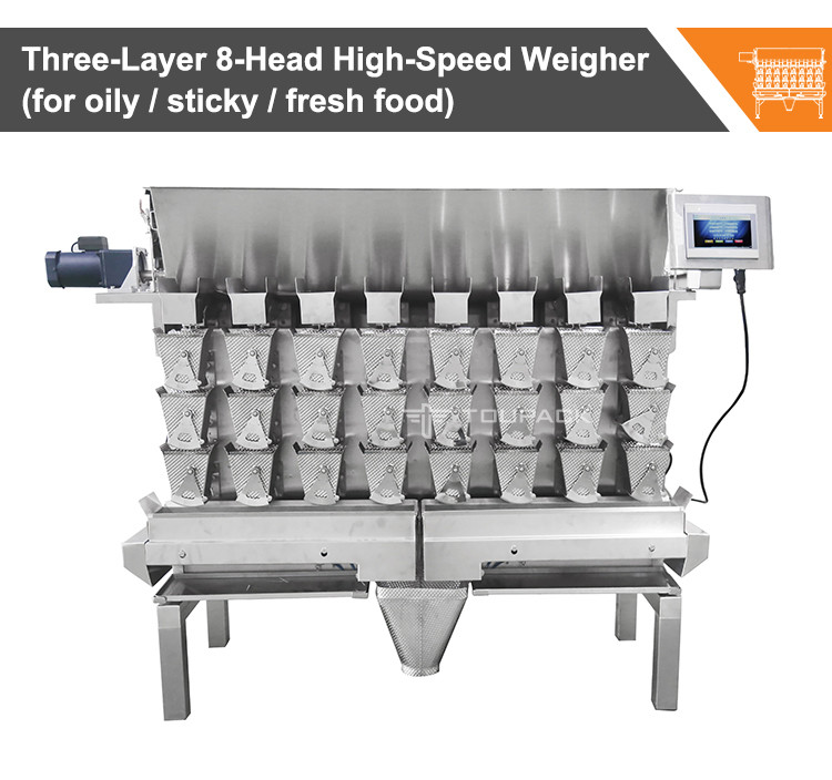 Three Layer 8 Head Screw Feeding Multihead Weigher For Fresh Sticky Food Shredded Meat