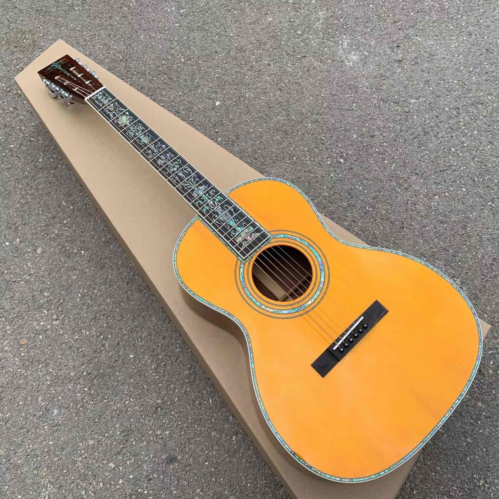 Yellow Painting Solid Spruce Top 39 Inch 000 Type Acoustic Guitar Abalone Ebony Open Headstock