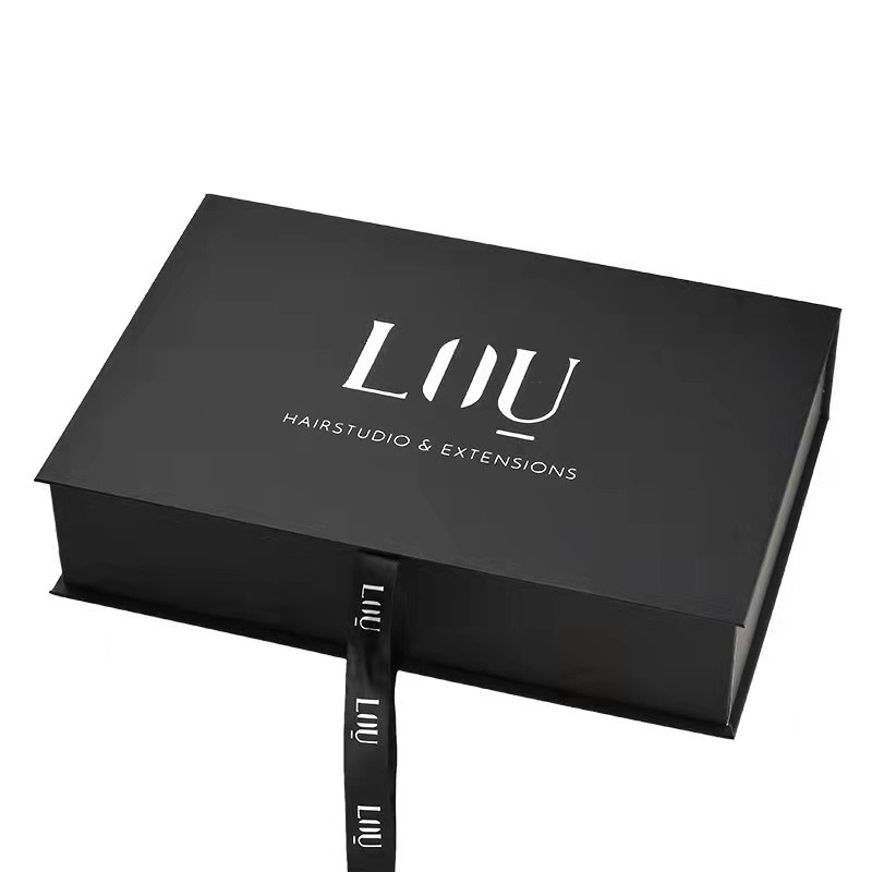 Matte Laminated Wig Cosmetic Makeup Box with Ribbon Satin Lined Luxury Magnetic Flip Cardboard Packaging Box