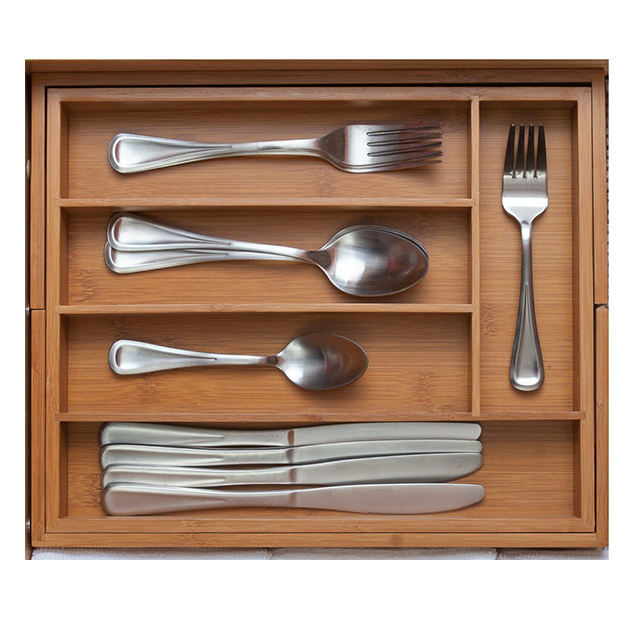 Expandable Rectangle Kitchen Tableware Bamboo Silverware Cutlery Tray CE Certificate