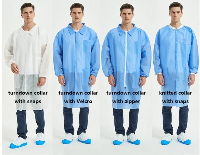 Elastic Cuff Zipper Magic Tape Velco Pockets M L XL XXL 20GSM 30GSM 40GSM White Disposable 100% Polypropylene Non-Woven PP Lab Coat