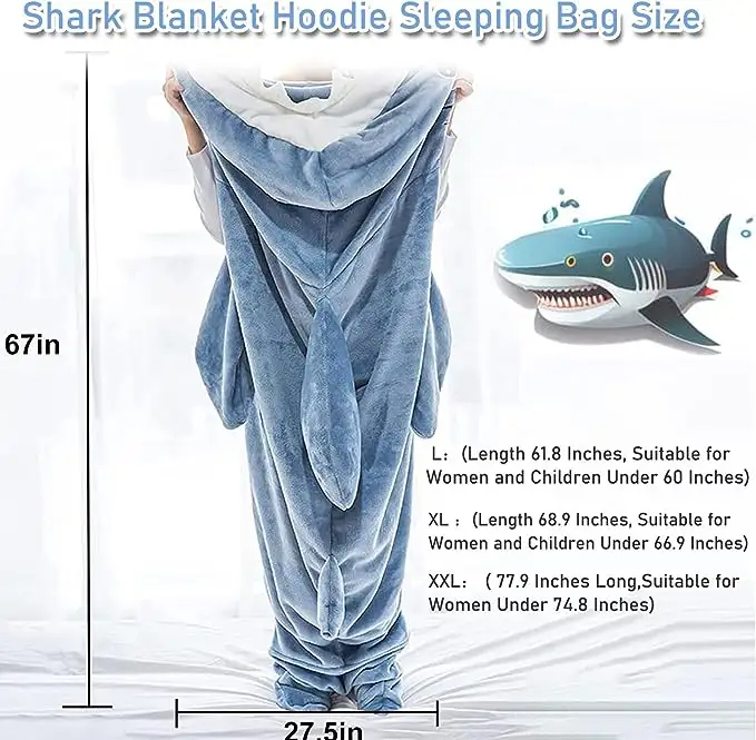 Brushed Pattern Shark Blanket Hoodie Super Soft Flannel Wearable for Adults and Children