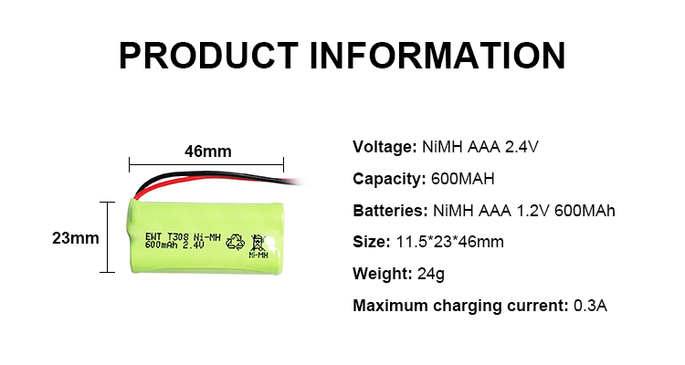 Custom Nickel Rechargeable Battery Pack 2.4V 600mah Nimh Aaa Battery
