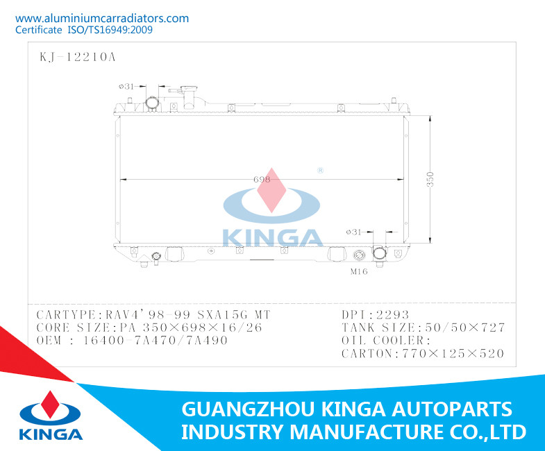 Efficient Cooling Aluminum Auto Radiator For RAV4'98-99 SXA15G MT OEM 16400-7A470/7A490