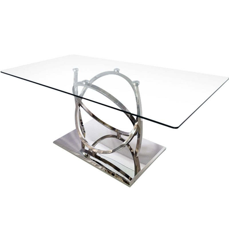 Luxury Silver Metal Dining Table With Clear Glass For Dining Room