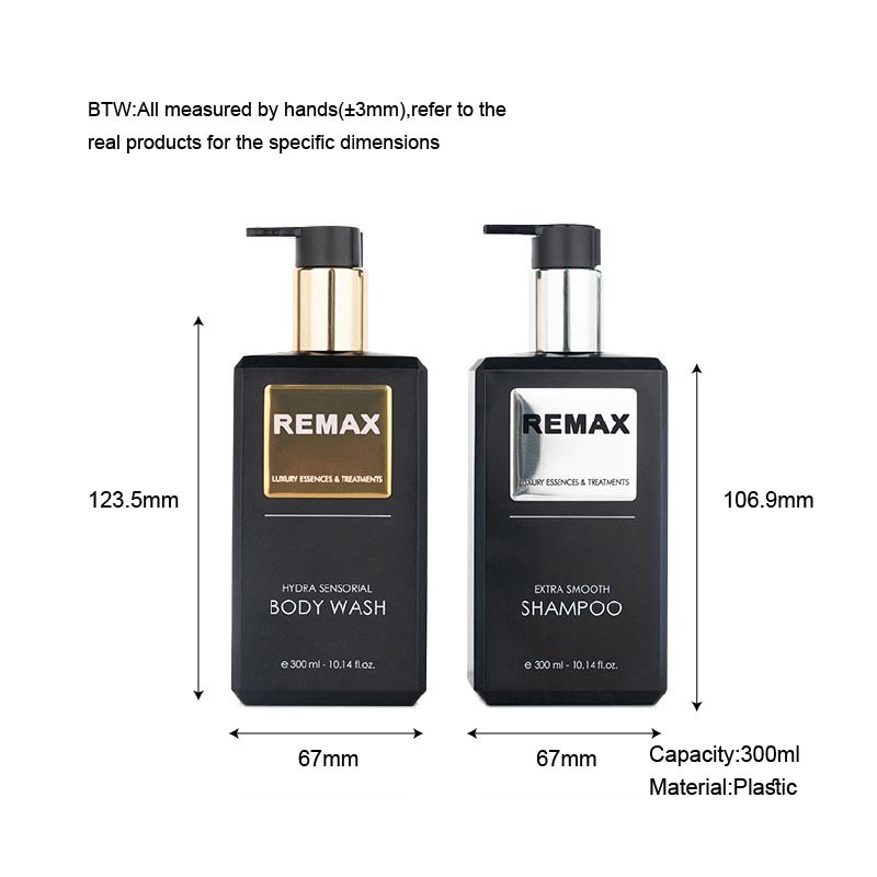 300ml black rectangle smooth with black pump for shampoo lotion bottle