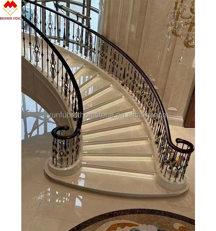 Modern Anti-Slip Beige Marble Waterjet Steps and Treads for Villas Spiral Staircase