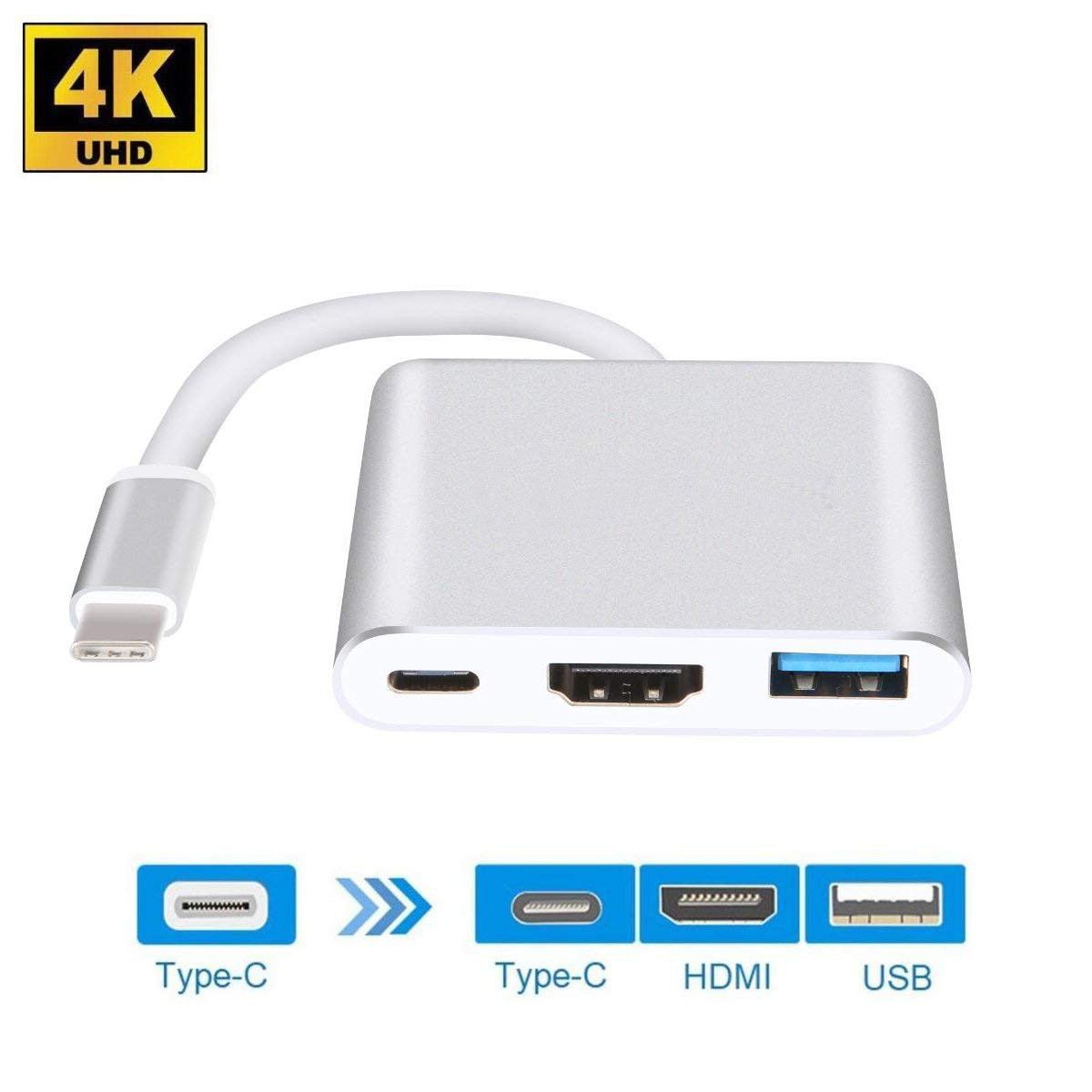 3-in-1 Thunderbolt 3 USB Type C Hub to Adapter 4K Aluminum USB-C Hub Dock with Type-C Power Delivery for MacBook