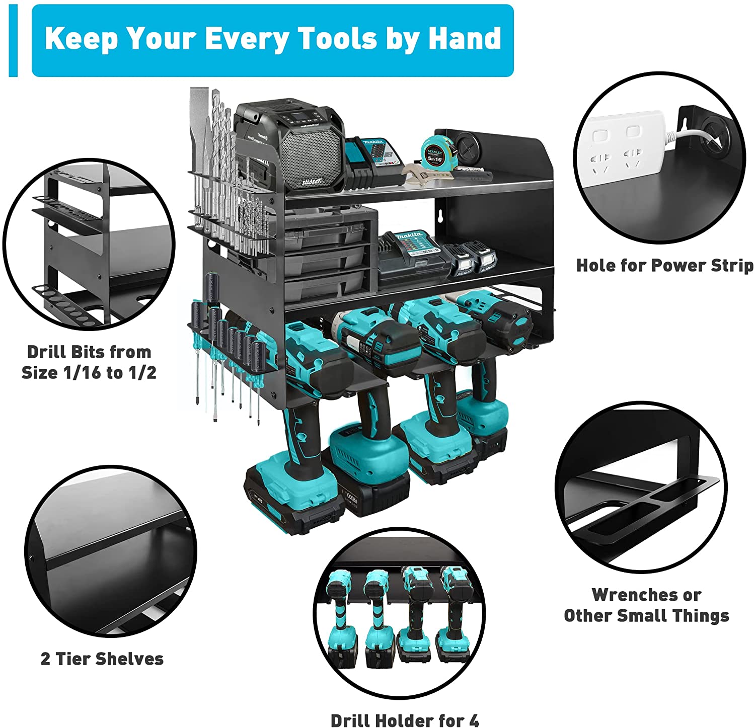 Carbon steel Cordless Drill Tool Holder for Charging Station Wall Mounted Type