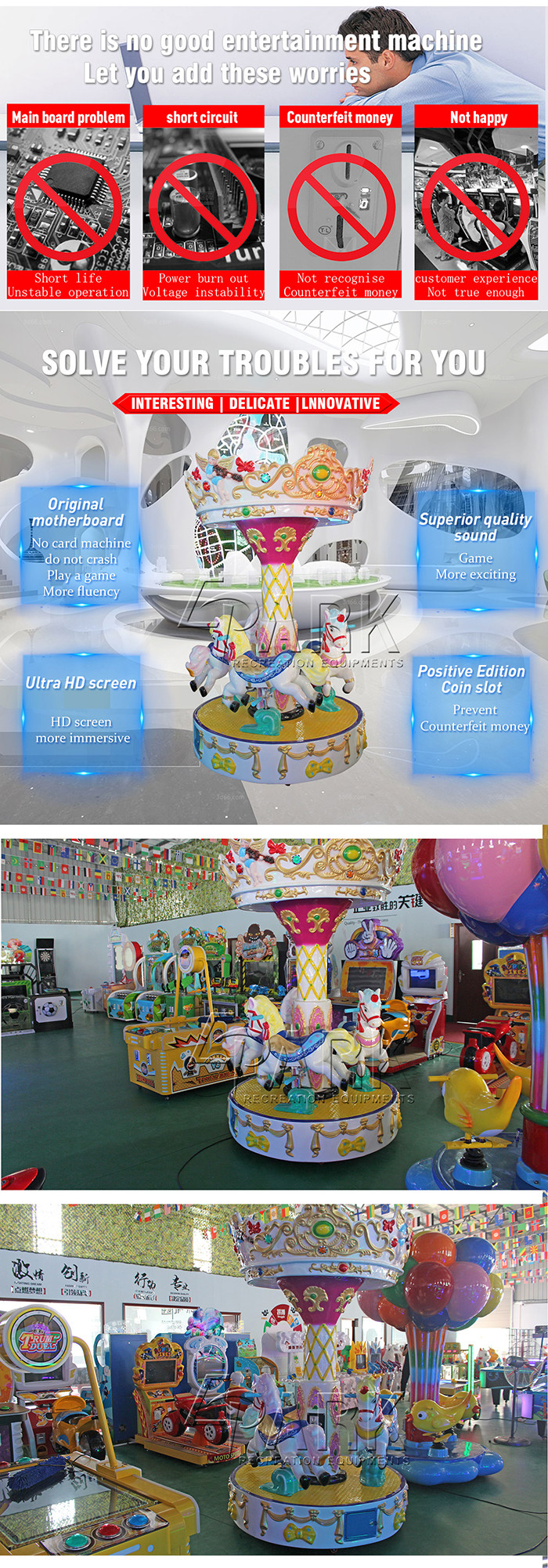 Theme Park Merry Go Round Carousel With 3 Chairs Smart Design 80W