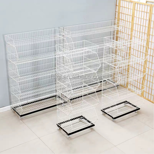 Versatile 5-Tier Metal Wire Basket Stand for Supermarket Snack Display in Metallic