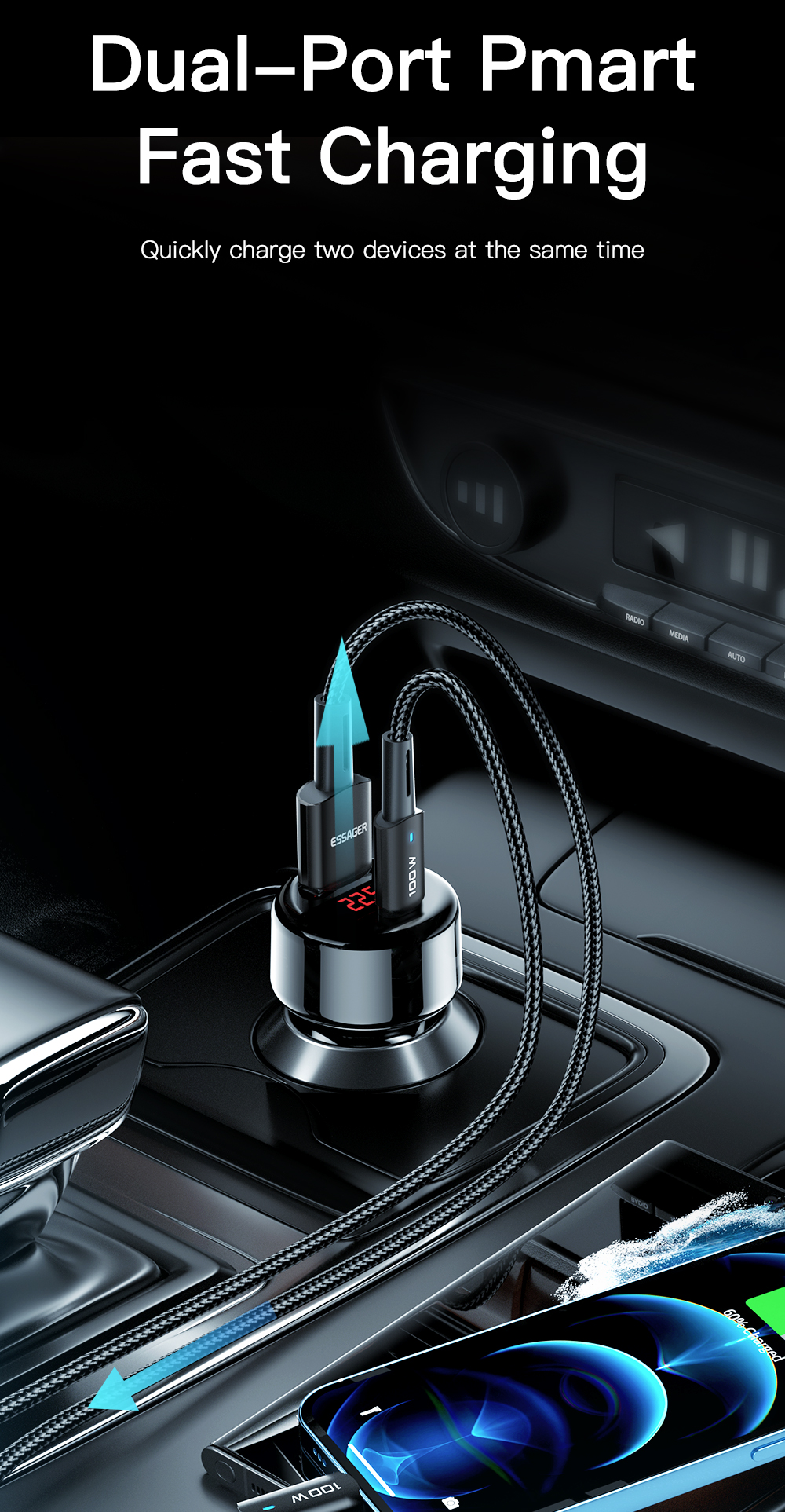 Essager 2022 Torch Phone Charging Fast Charge Dual 2 Port Usb Type C Pd Qc 3.0 Mini Adapter 65W Car Charger