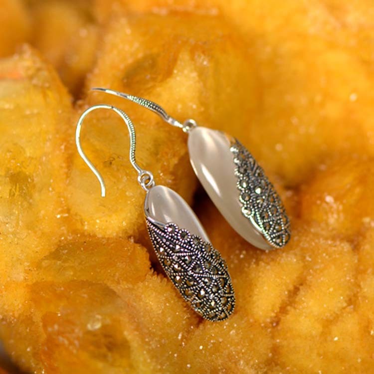 Thai Sterling Silver White Opal Marcasite Dangle Drop Earring(E12287WHITE )
