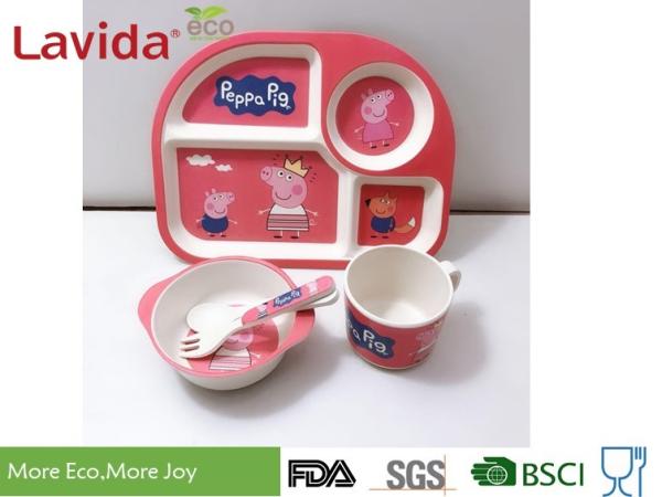 Non Toxic Food Safe Bamboo Fiber Baby Dinnerware Set With Pattern Mug Spoon /