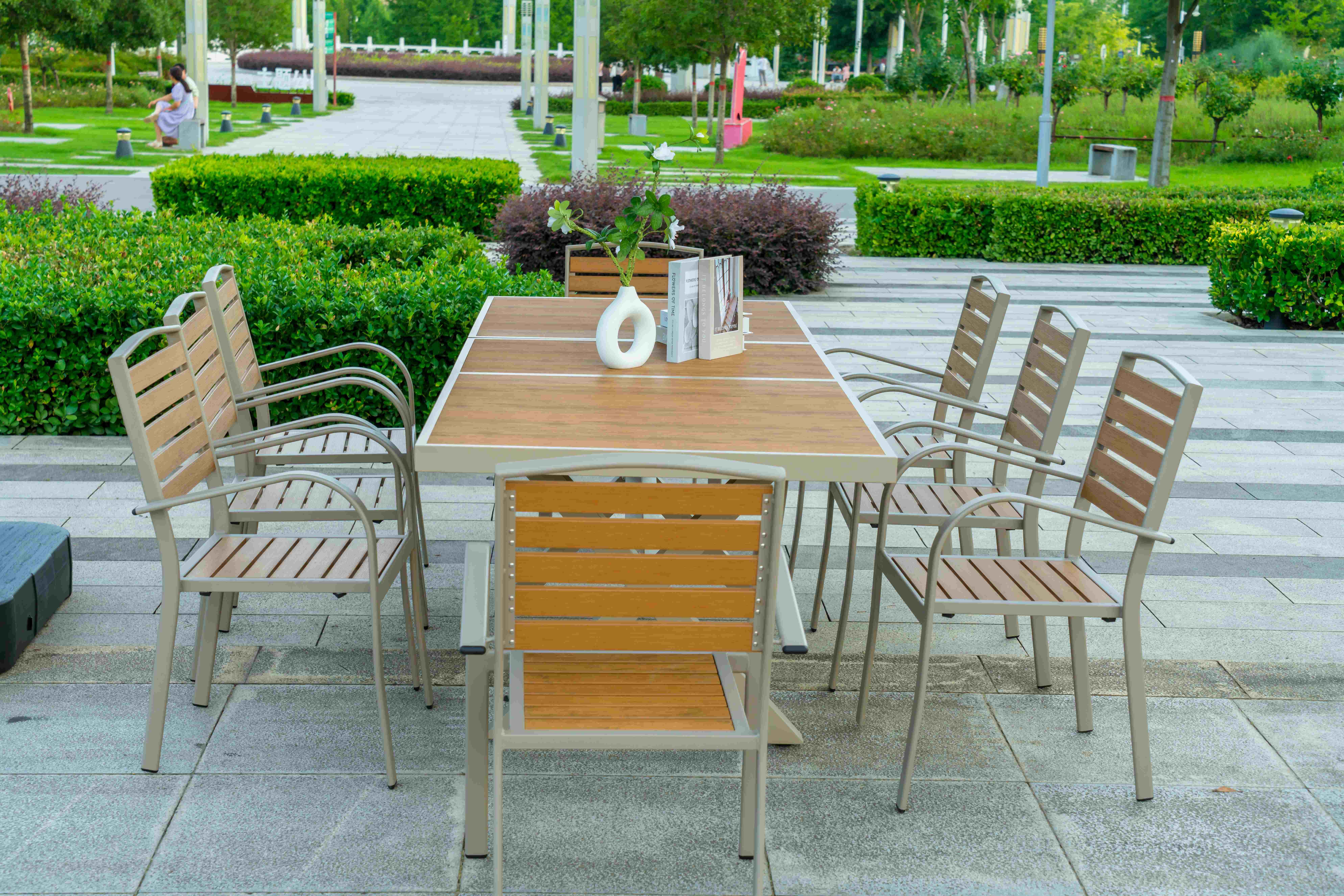 9 Pieces Plastic Wood Outdoor Restaurant Garden Tables Chairs Outdoor Furniture Patio Dinning Table Patio Furniture