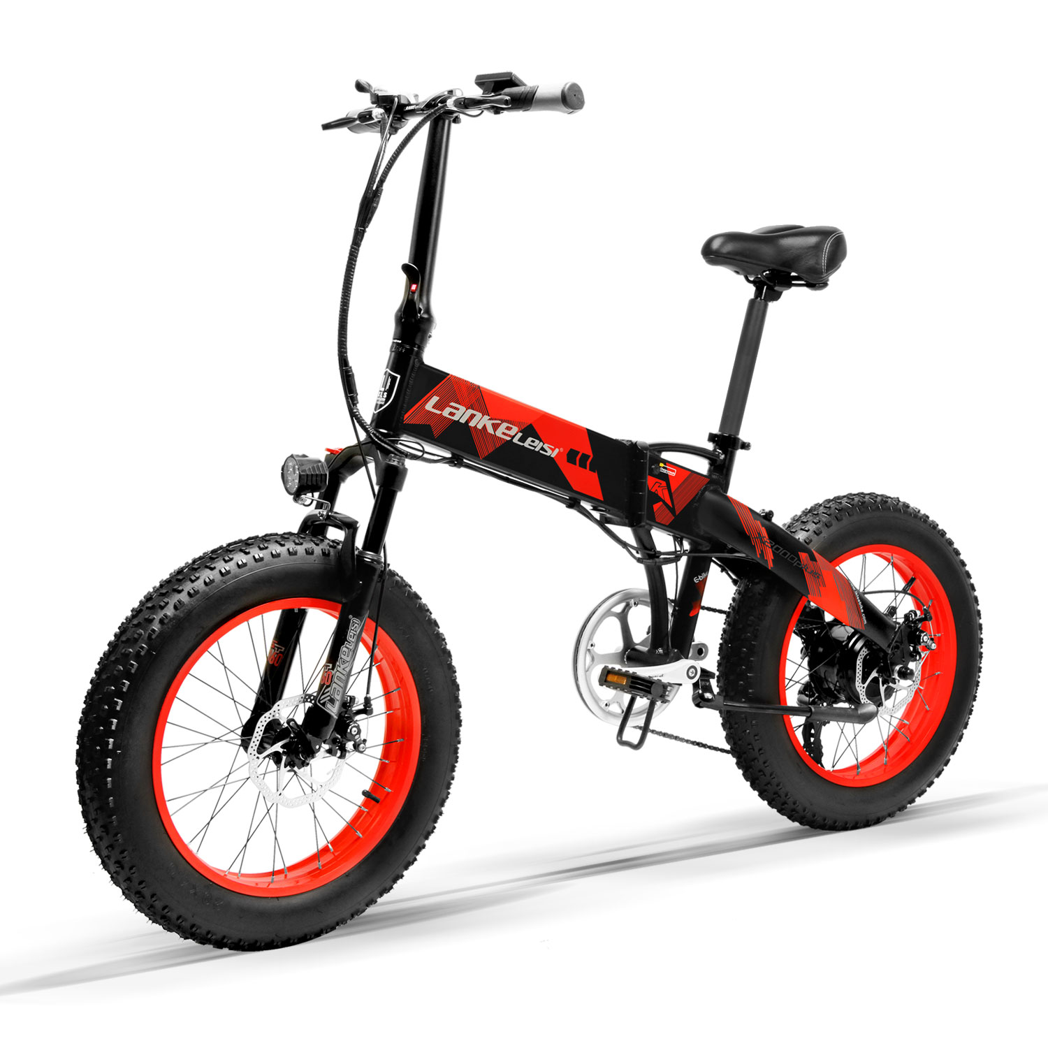 Black LANKELEISI Fat Tire Electric Bike 1000W Motor Folding 20 Inch