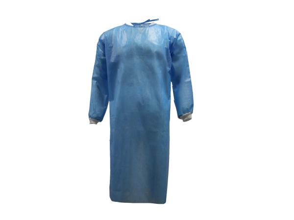 Quality Blue PP+PE 45GSM AAMI Level 2  Disposable Isolation Gown Back Opening With Rib-knitted Cuffs&Ties&Polyester Thread for sale